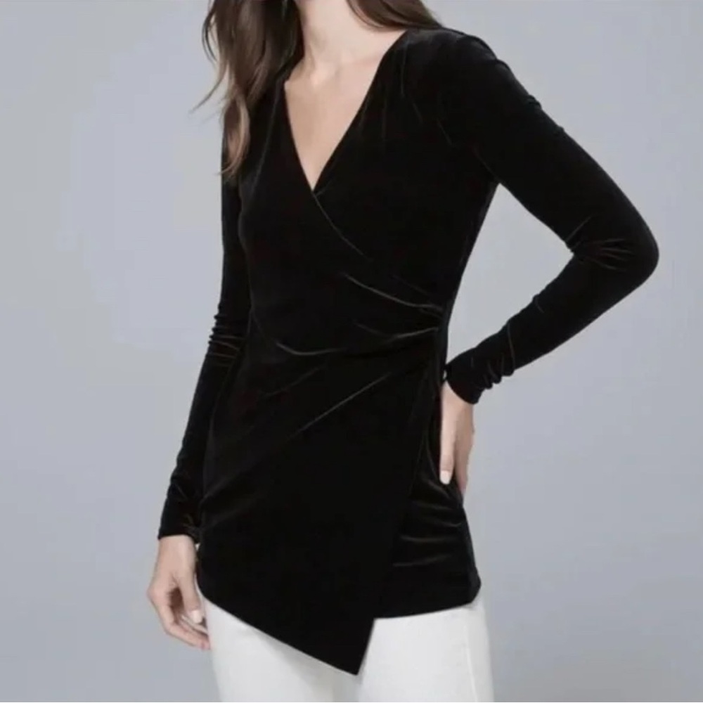 White House Black Market Black Velvet Long Sleeve Faux Wrap Tunic Blouse Size L